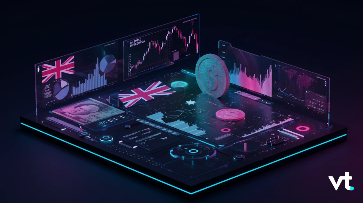 Futuristic trading dashboard with UK flag graphics, coins, and graphs on a glass-like platform.