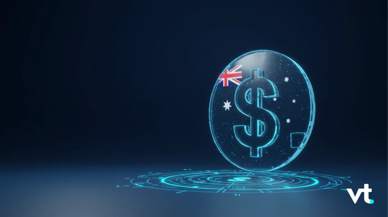 Glowing digital coin with a dollar symbol and small Australian flag hovering above a circular holographic platform.