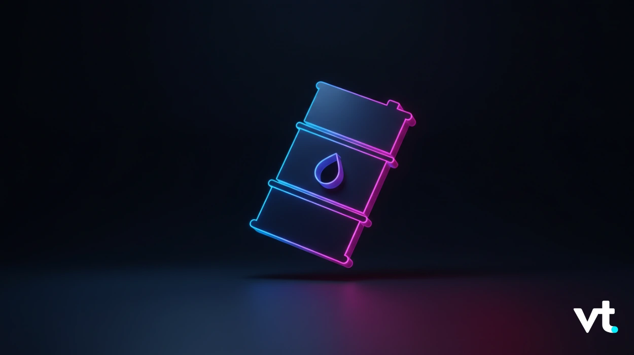 Neon-outline oil barrel with a liquid droplet, glowing blue and pink against a dark background.
