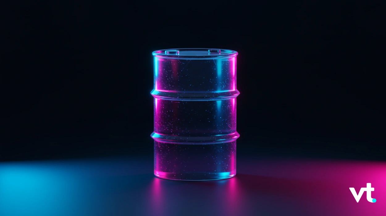 Neon blue and magenta-lit oil drum on a dark surface with a VT logo in the corner.