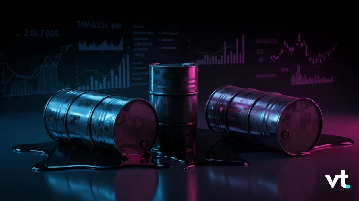 Three oil barrels on a reflective surface with neon blue and pink lighting and glowing market charts in the background.
