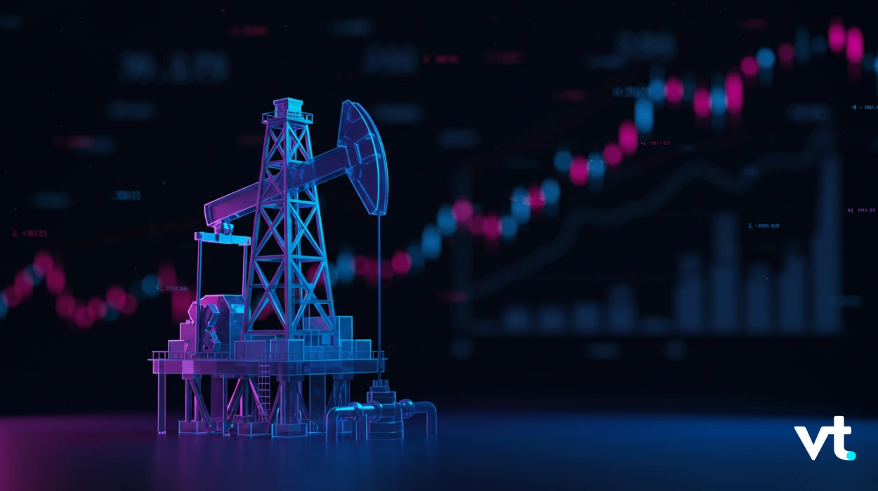 Neon-lit oil pump jack model with a stock market chart blurred in the background; VT logo bottom right.