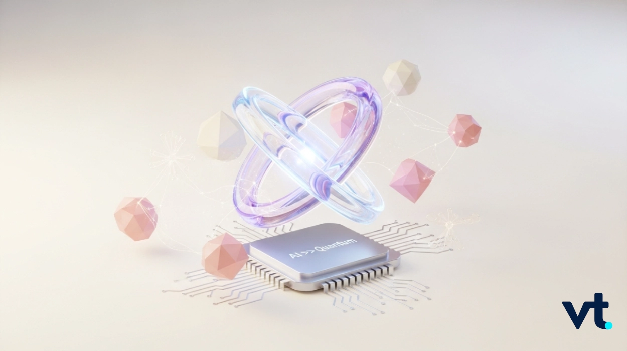 Abstract illustration of a microchip with glowing rings around it, symbolizing AI to quantum computing; VT logo in the corner.