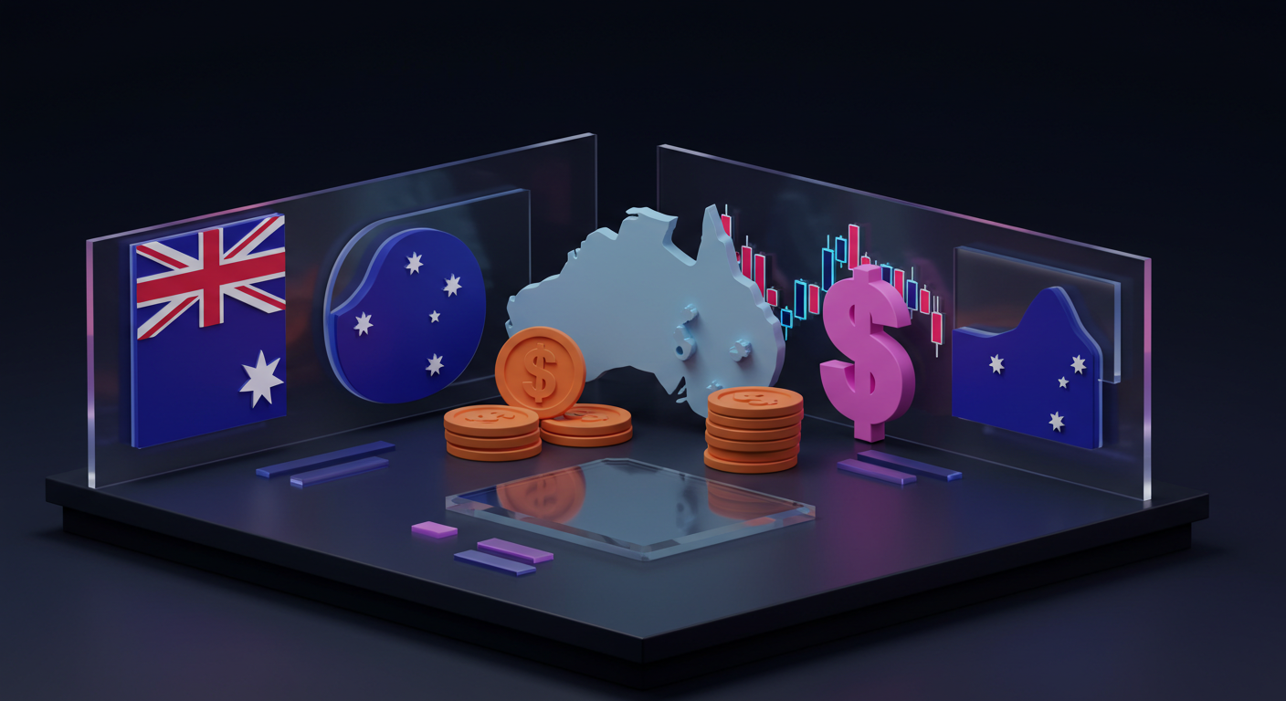 3D financial scene with Australian flag, map of Australia, coins, a pink dollar sign, and stock charts around a platform edge.