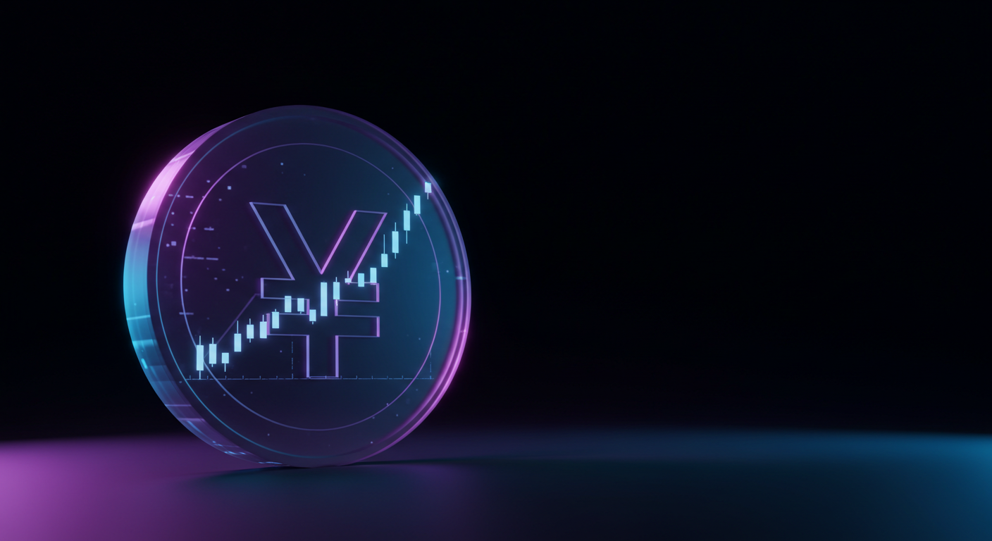 Glowing translucent coin with a yen symbol and rising candlestick chart against a dark gradient background.