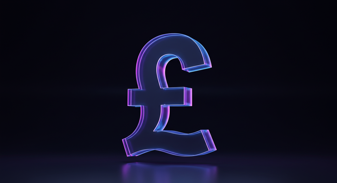 Glowing 3D Euro currency symbol in blue-pink hues on a dark background.