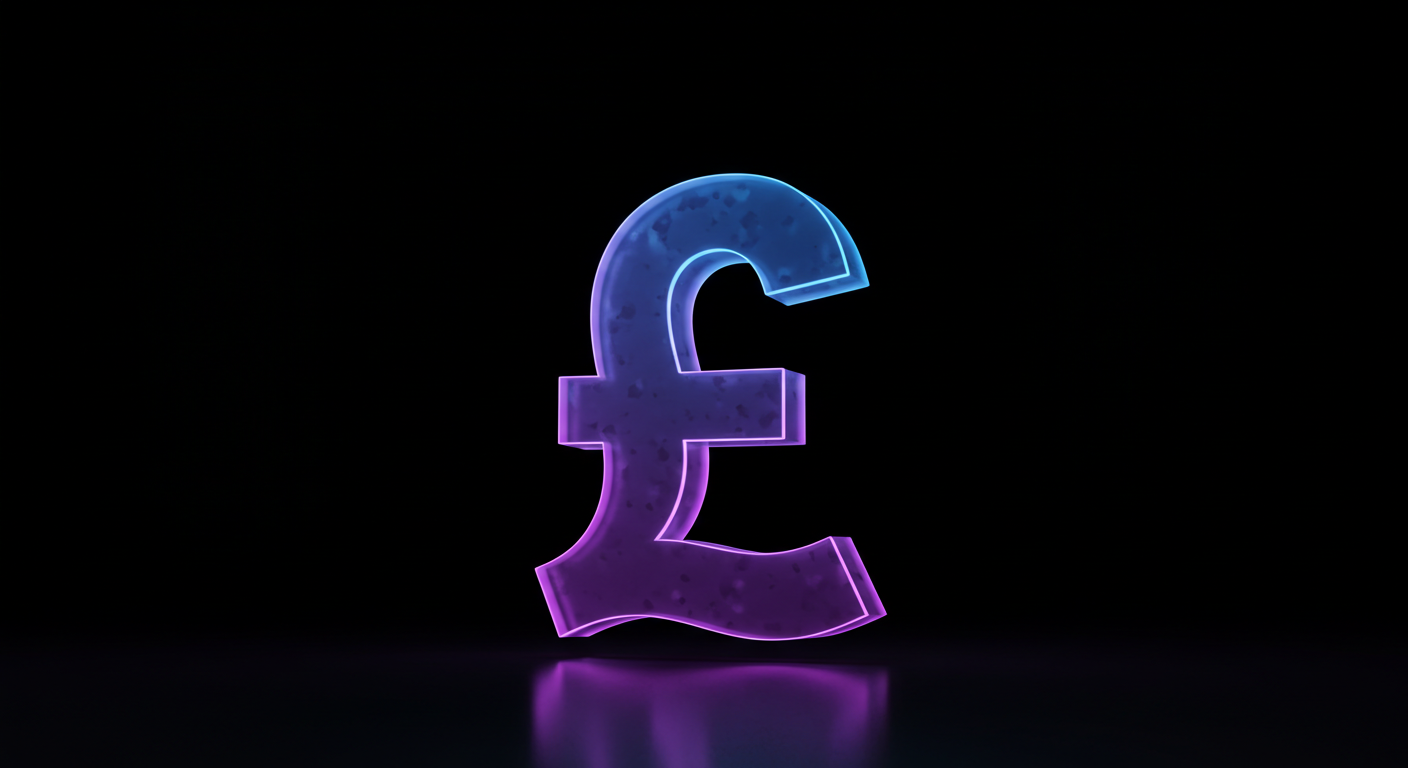Neon-glow pound sterling symbol in blue and purple on a dark background with a reflective floor.
