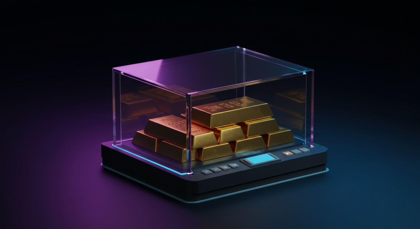 Gold bars stacked inside a clear display case atop a digital scale, lit by magenta and blue neon lights.