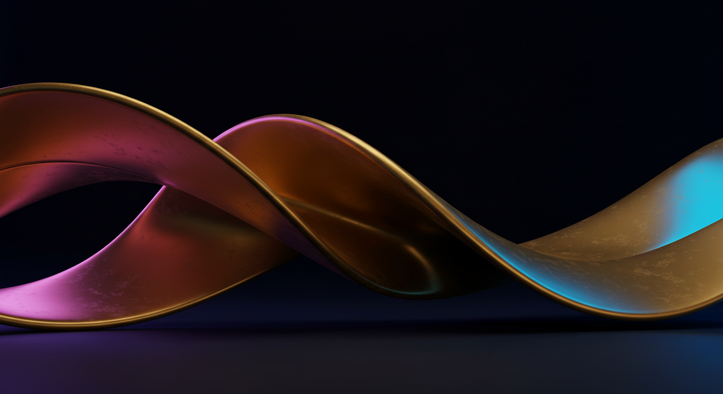Abstract metallic ribbon twisting across a dark background in pink, orange, and blue hues, suggesting modern design and creativity.
