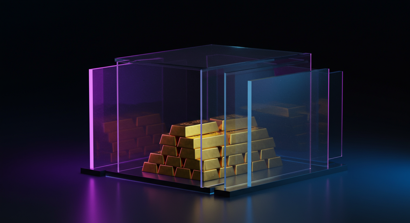 Gold bars stacked inside a glass display case lit with purple and blue neon lighting on a dark background.