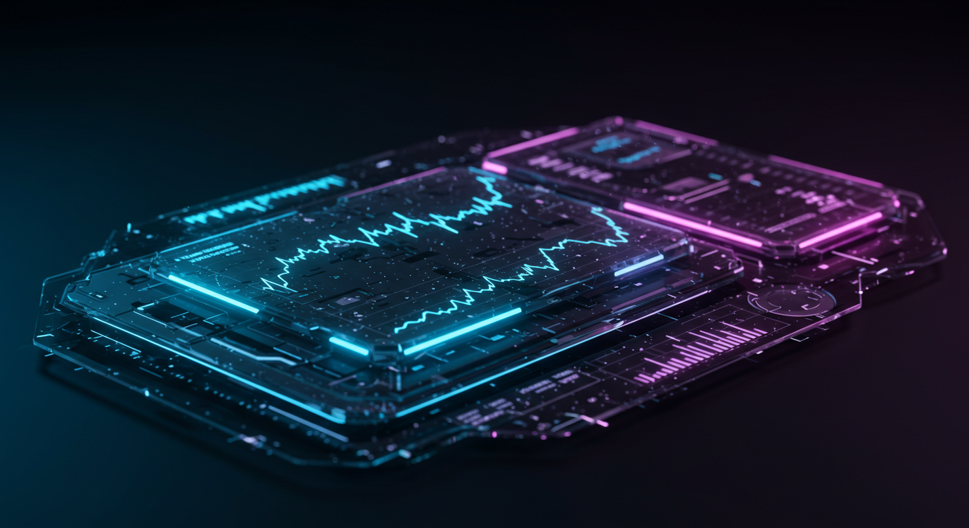 Transparent futuristic device with neon blue and pink highlights and circuit-like patterns, displaying data graphs on a dark background.