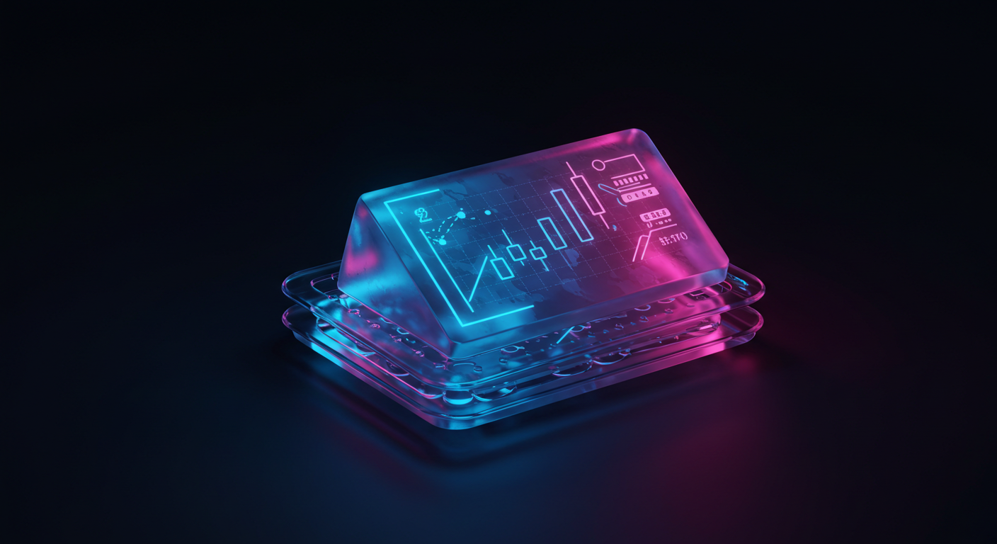 Glowing pink and blue abstract graphic of stacked transparent chips with circuit patterns and a rising chart.