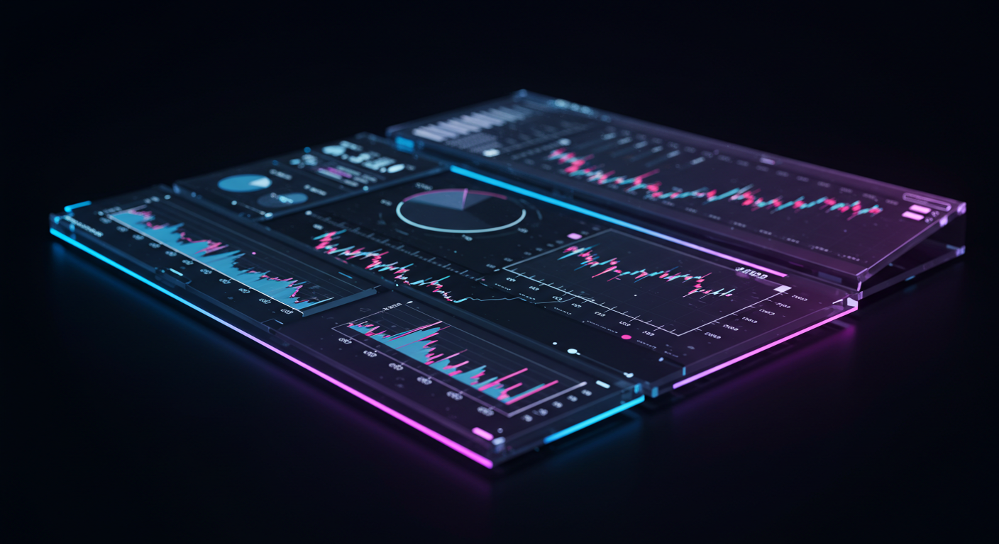 Transparent, stacked data dashboard with neon blue and pink charts on a dark surface.