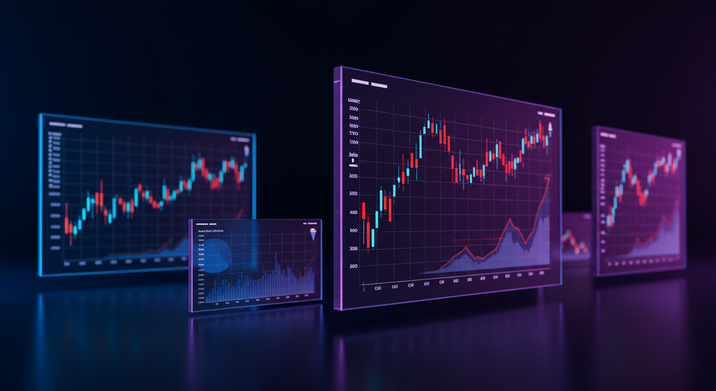 Several neon-lit monitors on a dark surface showing colorful stock charts and candlestick graphs.