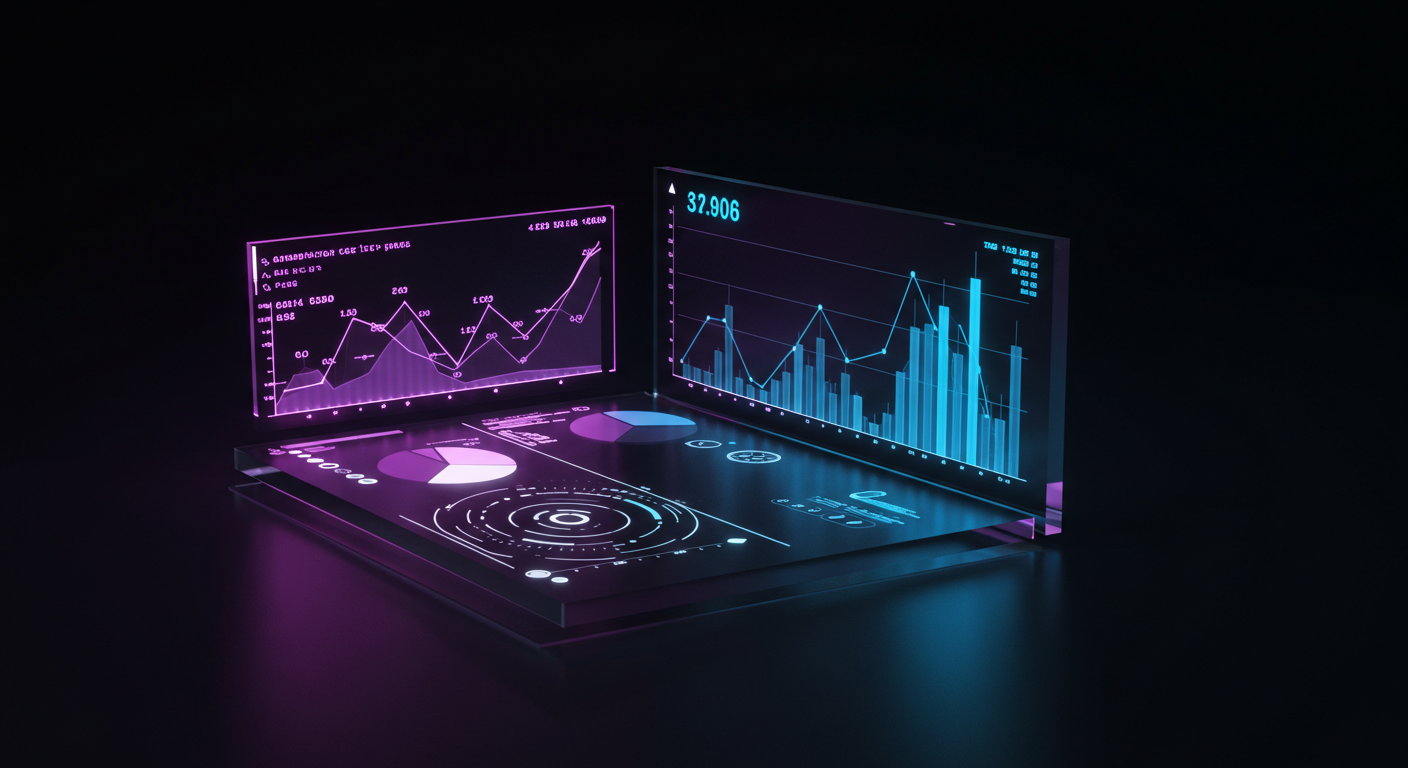 Futuristic holographic data dashboards with purple and blue charts projecting from a glass platform in darkness.