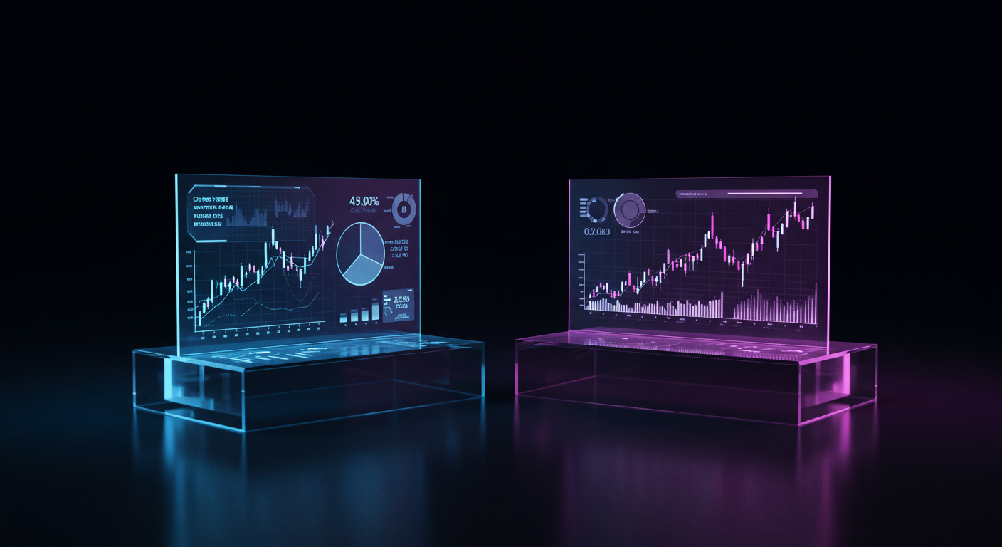 Two neon holographic dashboards, blue on the left and pink on the right, displayed on glass stands in a dark room.