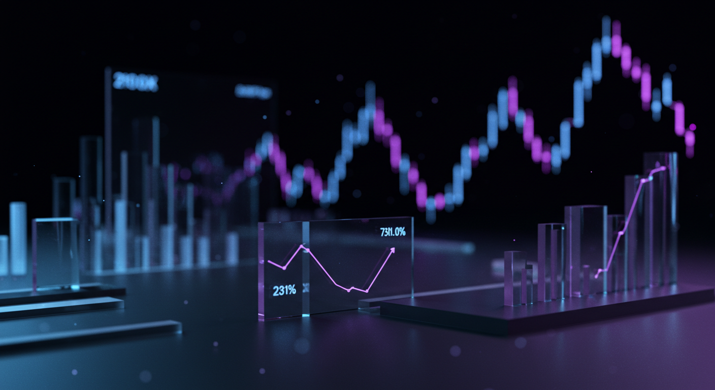 Futuristic financial data scene with glowing blue and pink line and bar charts on glass panels on a dark desk.