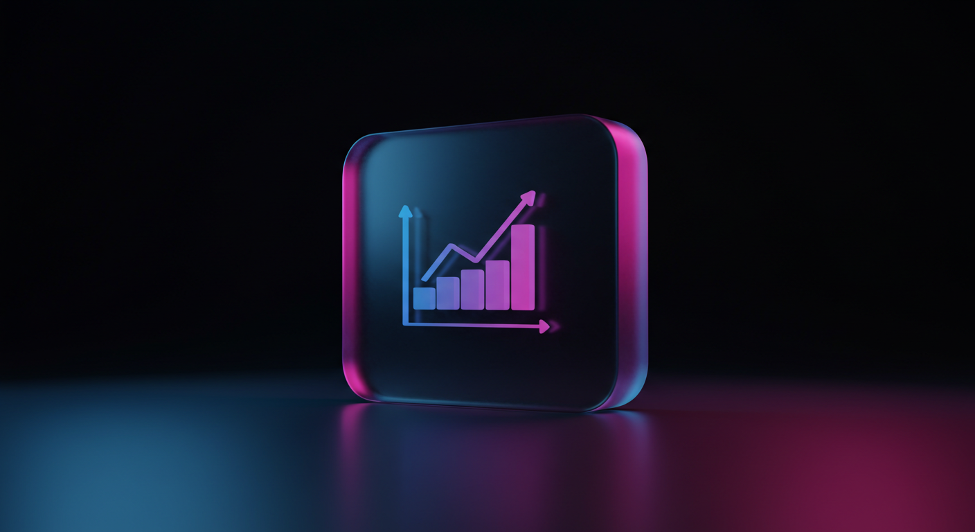 Neon chart icon: rising bars and a line graph on a dark, glossy rounded square.