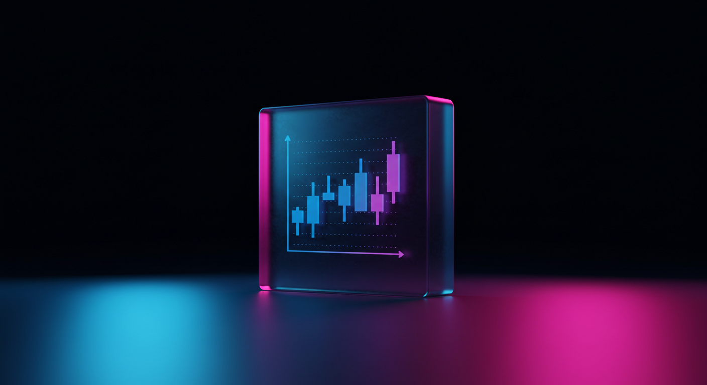 Neon-lit glass cube showing a blue and pink candlestick stock chart on a dark background on a glowing surface.