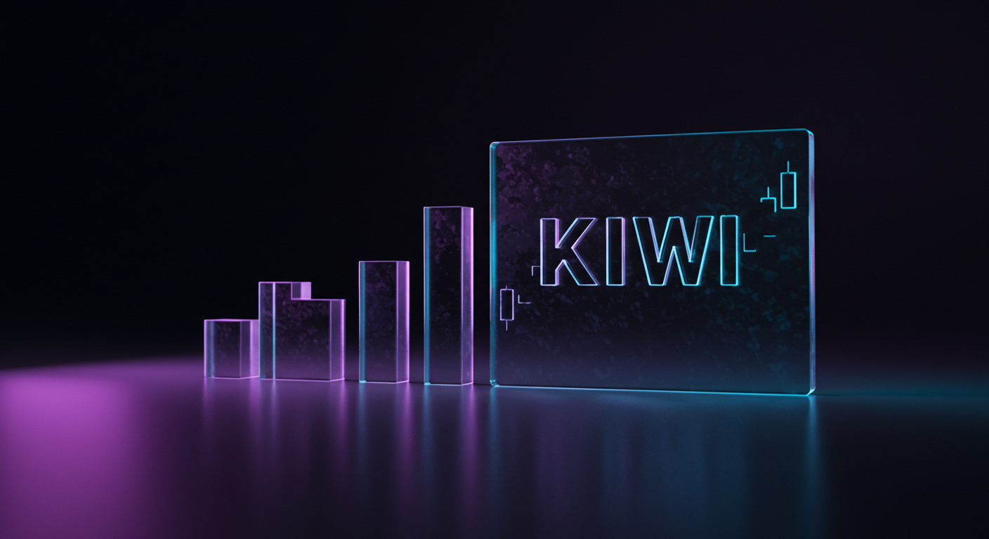 Neon-lit glass blocks form a rising bar chart beside a large glass panel that reads KIWI on a dark, reflective surface.