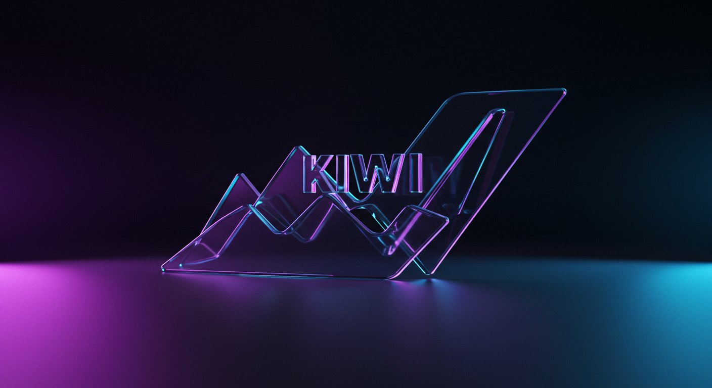 Crystal-like glass sculpture forming the word KIWI, illuminated by neon purple and blue lighting against a dark backdrop.
