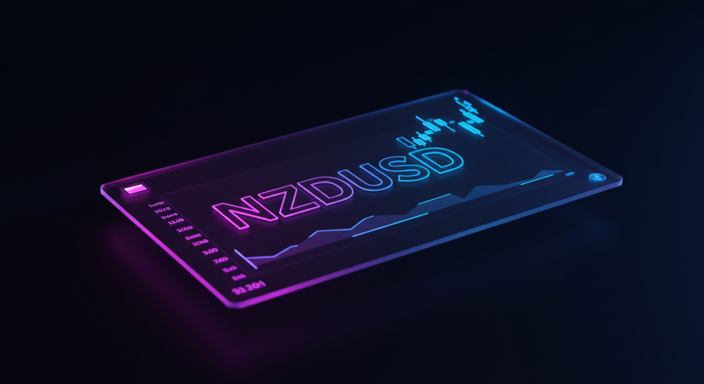 Neon-lit glass panel showing NZDUSD currency chart with blue and purple line graphs on a dark background