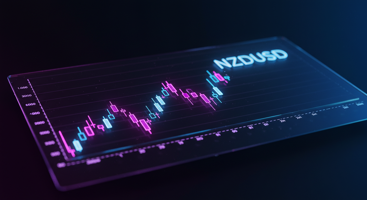 Glowing candlestick chart showing NZDUSD exchange rate on a dark background