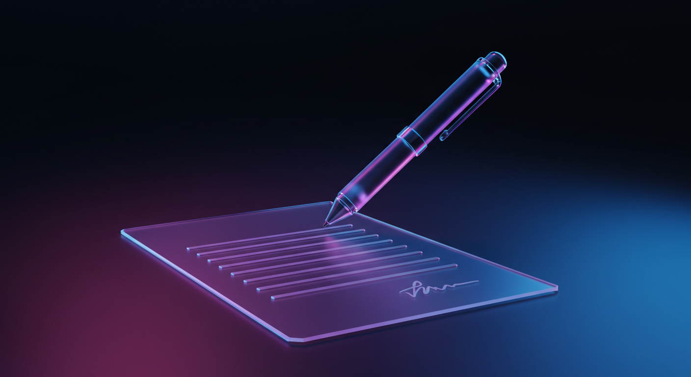 Glow-lit transparent pen writing on a glass sheet with parallel grooves, signature area, under pink‑blue neon light.