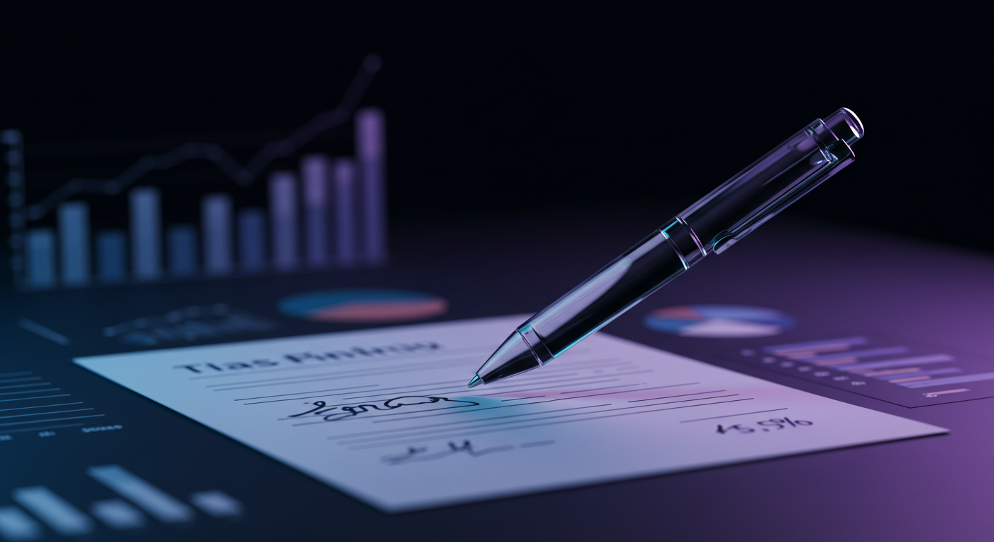 Close-up of a pen signing a document titled 'Taxes' with financial charts in the blurred background beside it.