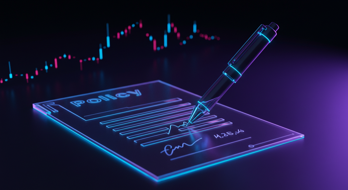Neon-lit glass check labeled 'Policy' being signed with a pen, a chart in the background suggesting policy data or analytics