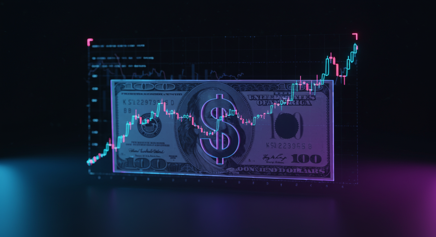 Neon-lit $100 bill overlaid with a glowing stock price chart in blue and pink hues, conveying finance and trading concepts.
