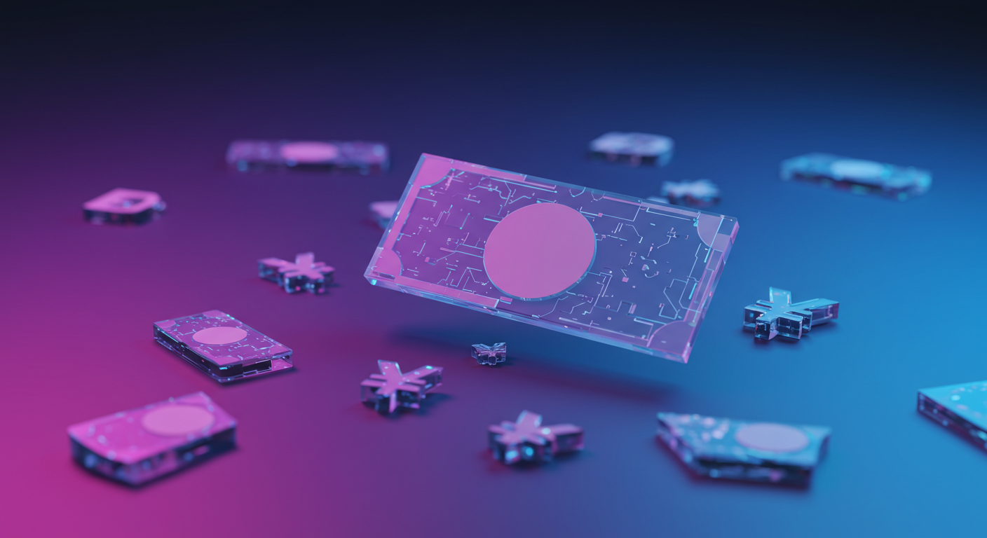Transparent, crystal-like circuit board with a pink circular pad, floating among smaller chip fragments on a pink–blue gradient background (tech concept image).