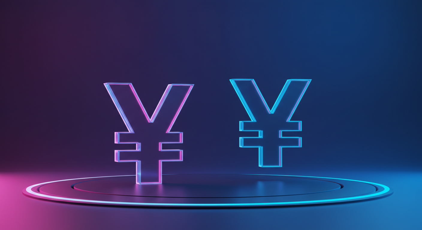 Neon pink yen symbol and neon blue yuan symbol hovering above a glowing circular platform, symbolizing currency exchange.