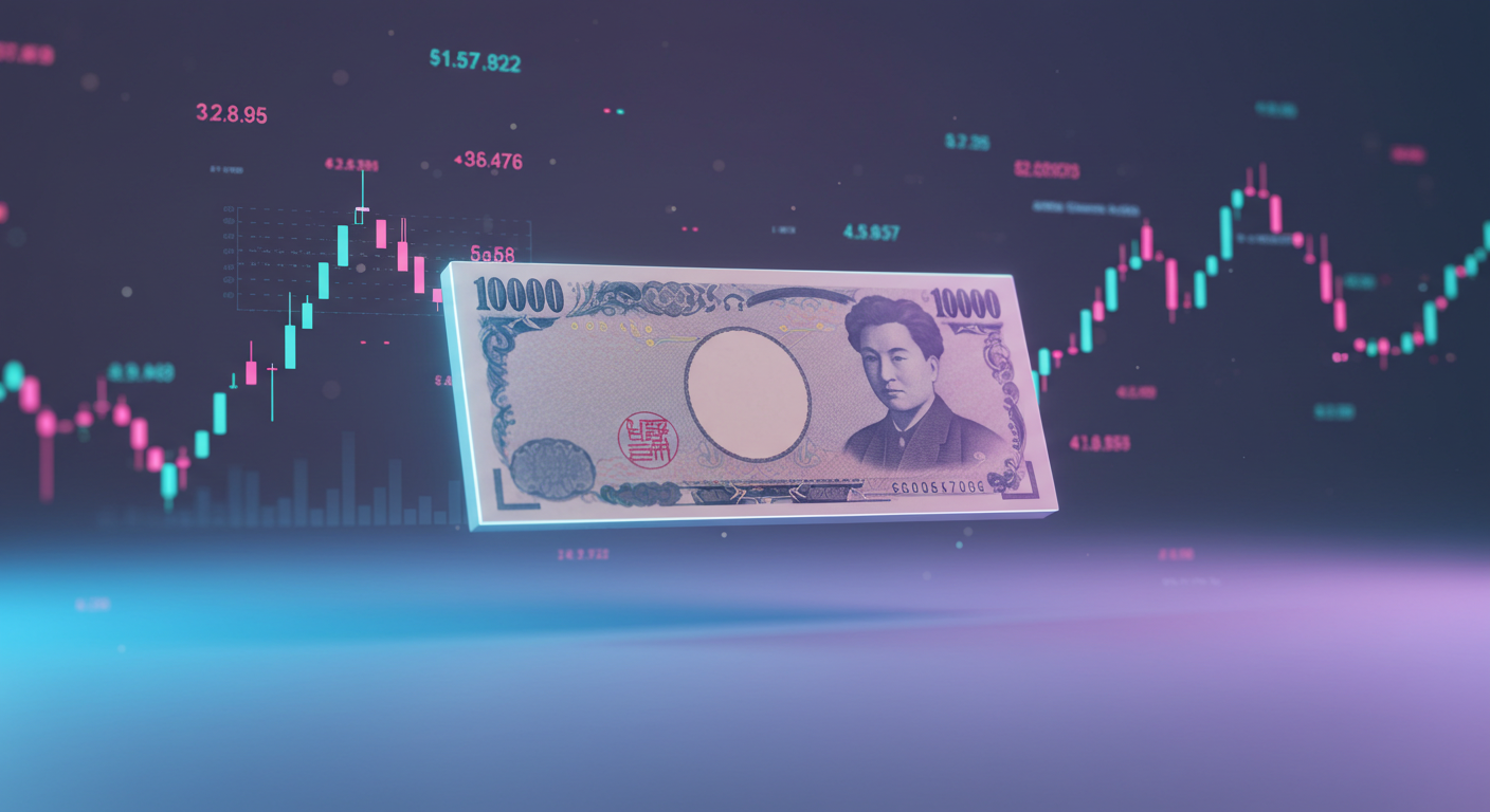 Floating Japanese 10,000 yen banknote in front of a neon stock market chart with candlestick graphs and numeric data