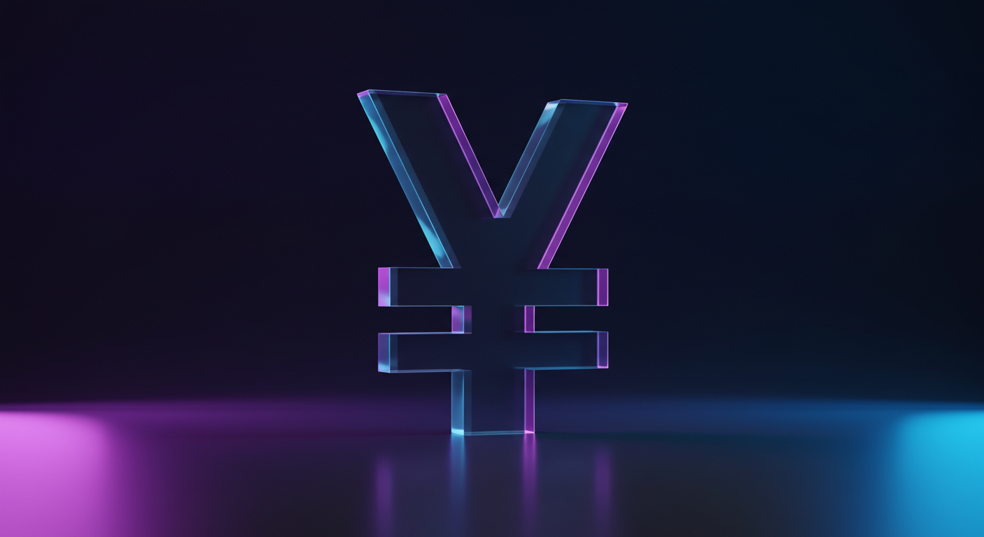 Neon-glass yen symbol glowing blue and pink on a dark gradient background.