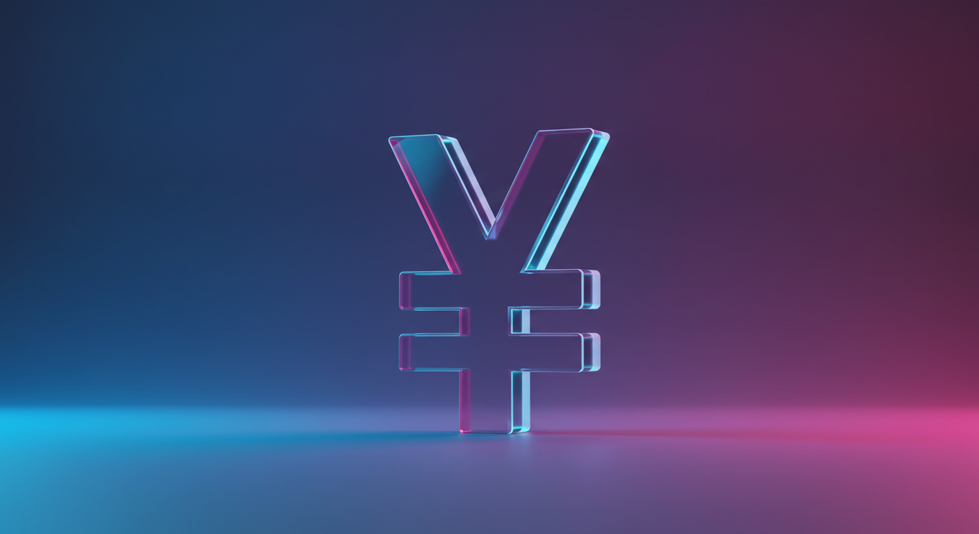 3D glass Yen currency symbol glowing in blue and pink neon on a reflective surface.