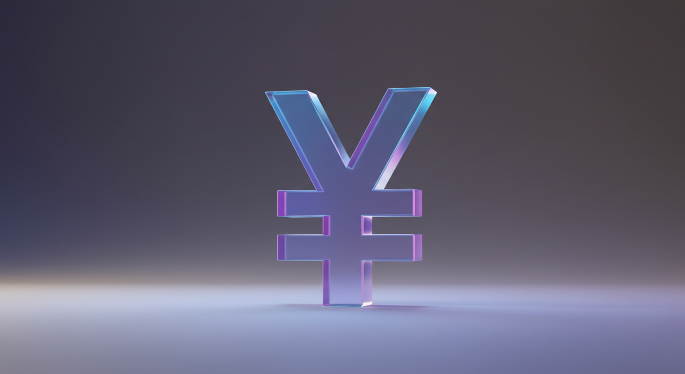 Glossy 3D yen symbol (¥) in purple, standing on a reflective surface with a soft gradient background.