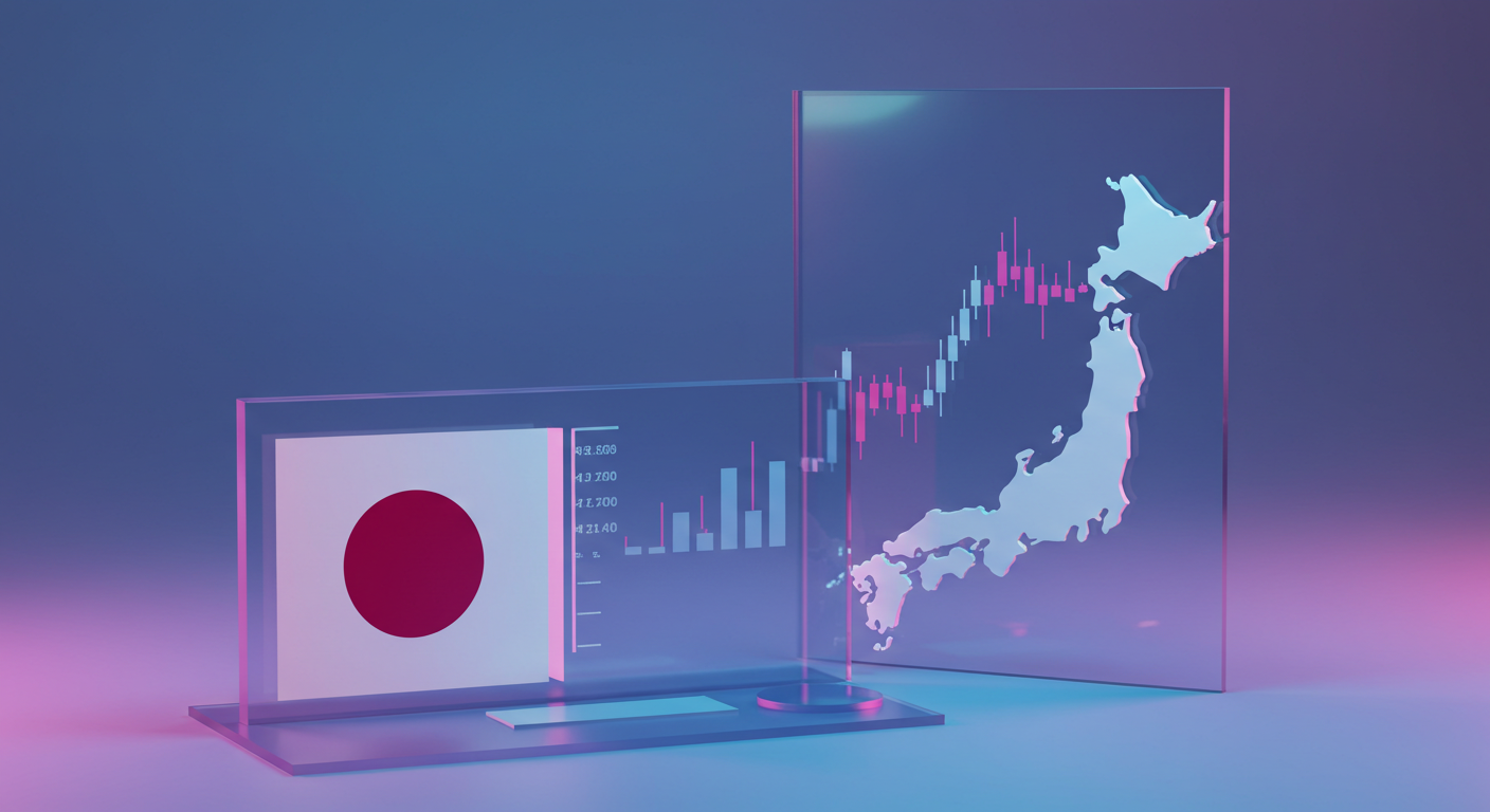 Futuristic glass panels showing Japan's flag and a rising financial chart, against a blue-pink gradient.