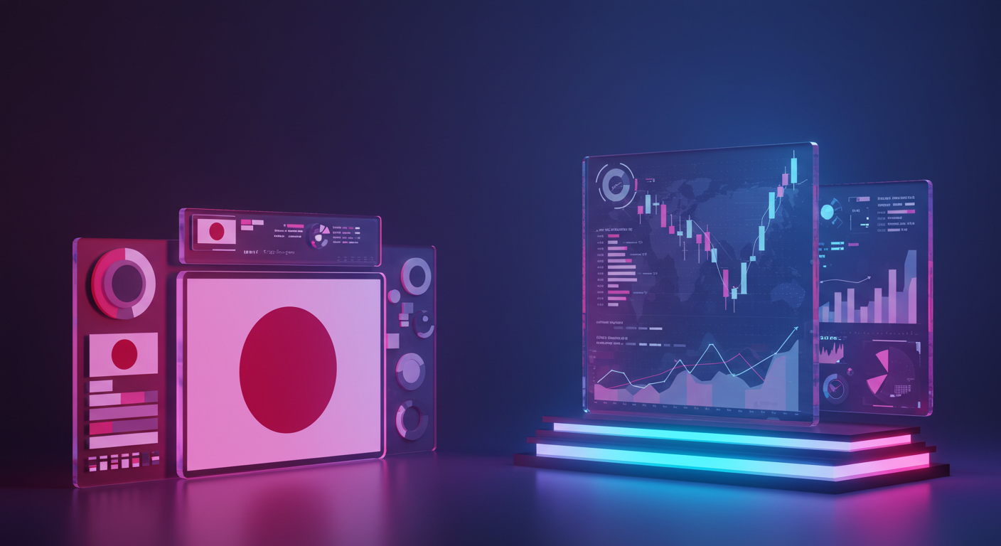 Neon sci‑fi data lab with a retro TV showing a Japanese flag and a large screen of charts on the right.