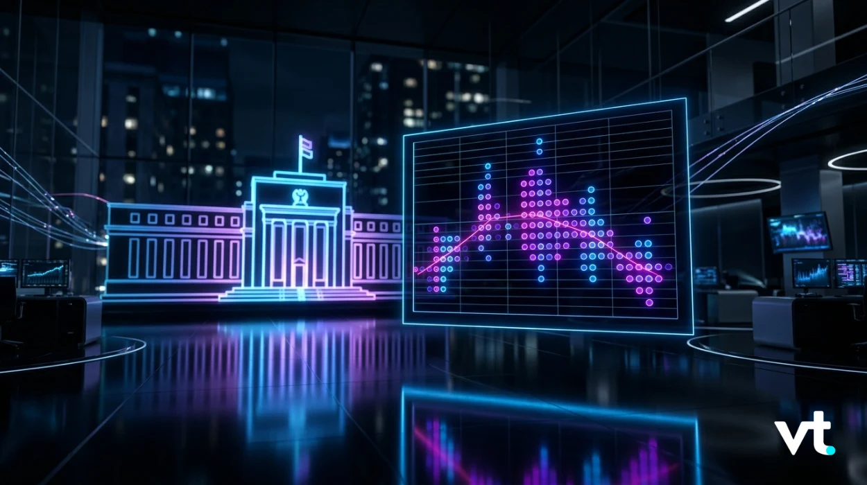 Neon-rendered government building and a large holographic stock chart in a dark futuristic control room.