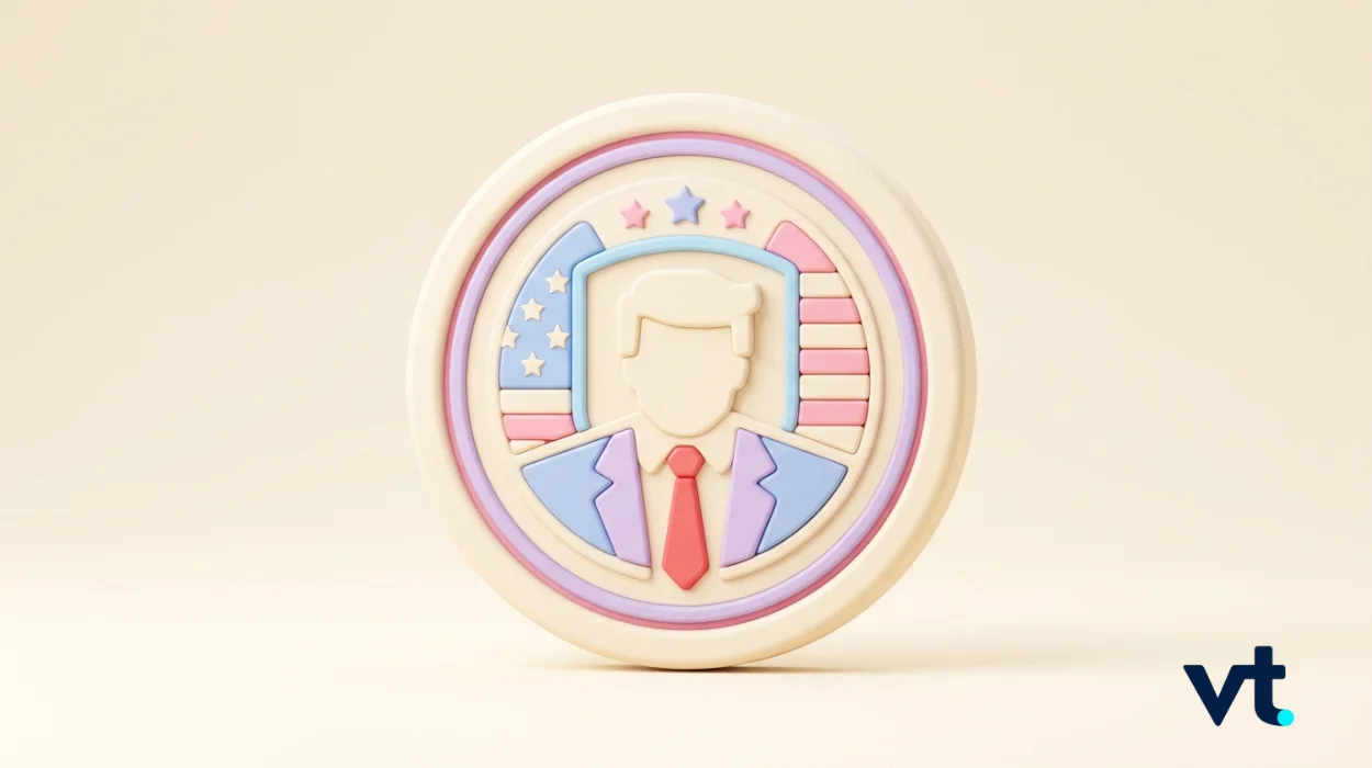 Pastel circular badge showing a faceless person in a suit with an American flag backdrop and a VT logo in the corner, conveying politics/identity.
