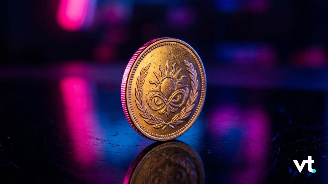 Gold coin balanced on its edge on a glossy surface, with neon pink and blue reflections behind it.