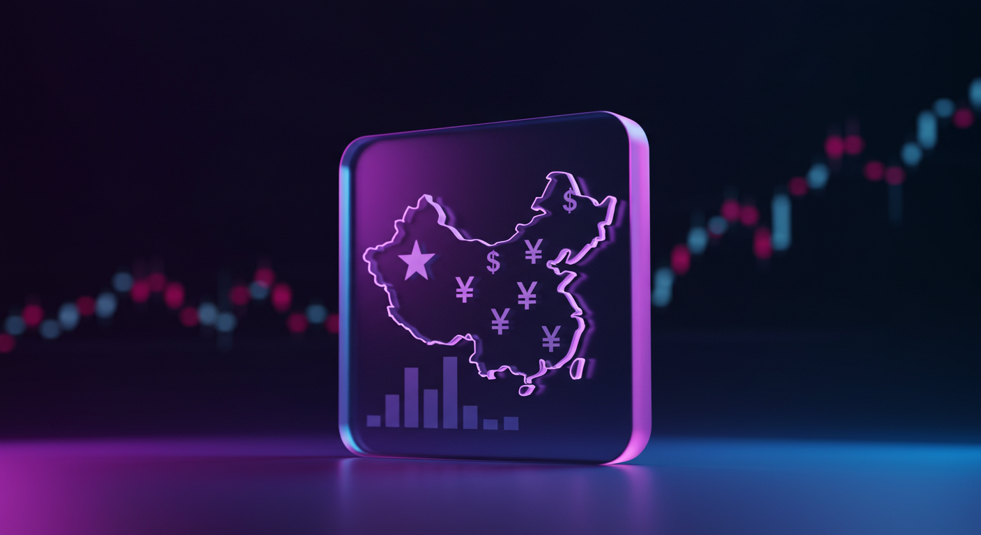 Neon-themed map of China with currency symbols and a small bar chart against a dark background, conveying finance imagery.