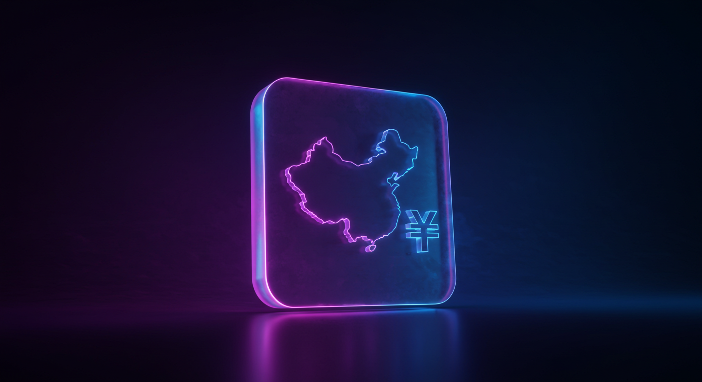 Neon-lit square panel showing China’s map outline in pink with a blue yuan symbol beside it
