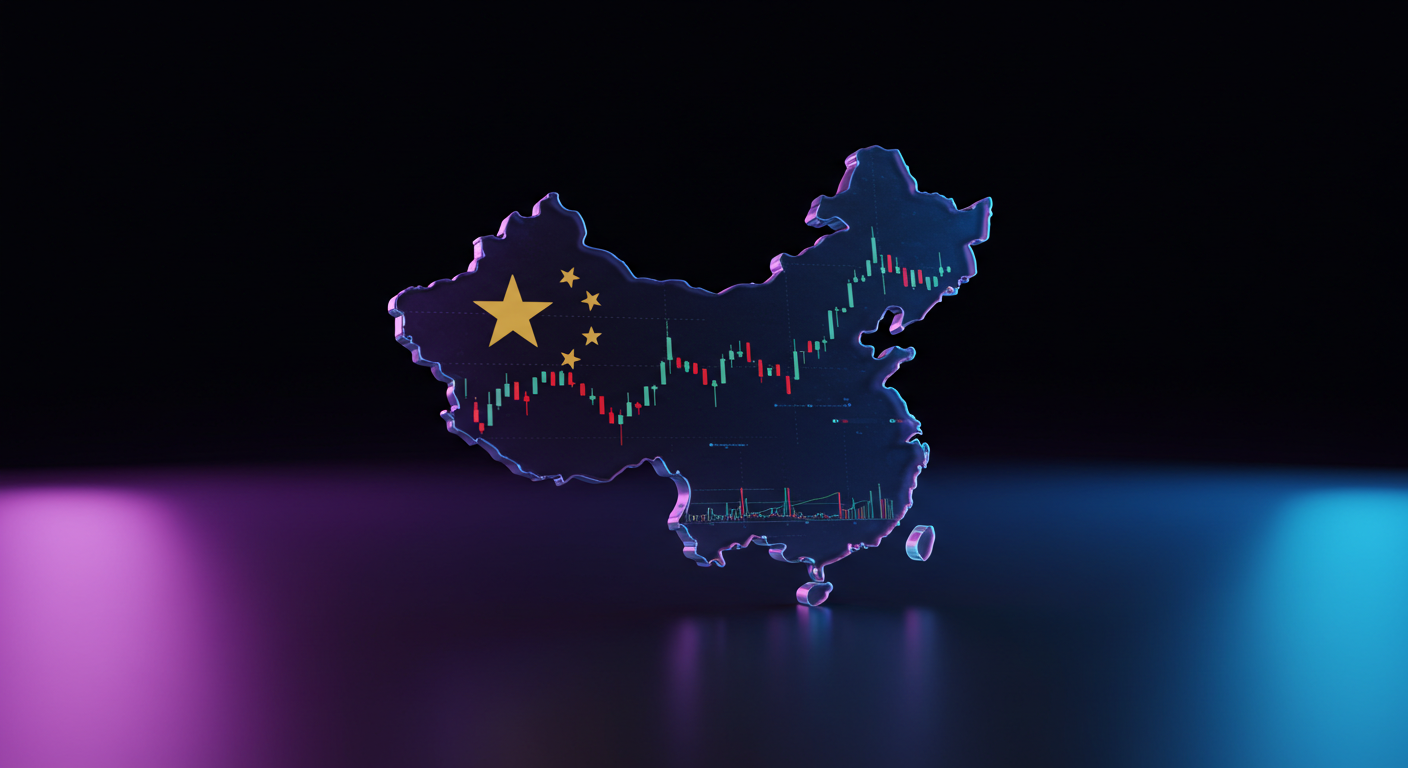 Silhouette of China filled with a candlestick stock chart and a gold star flag, glowing neon purple and blue.
