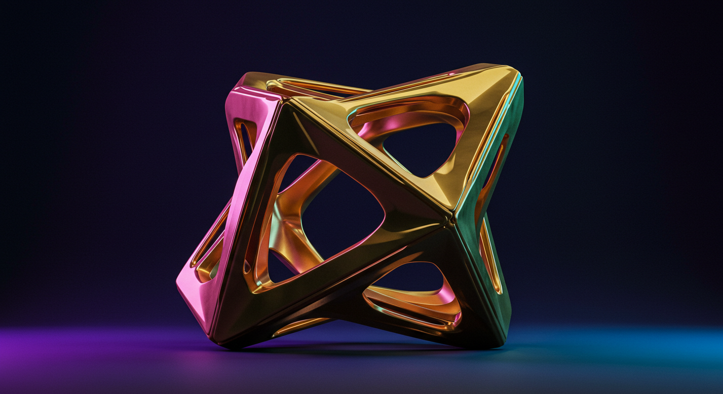Glossy metallic geometric sculpture with interlocking frames in gold, pink, and purple on a dark gradient background.