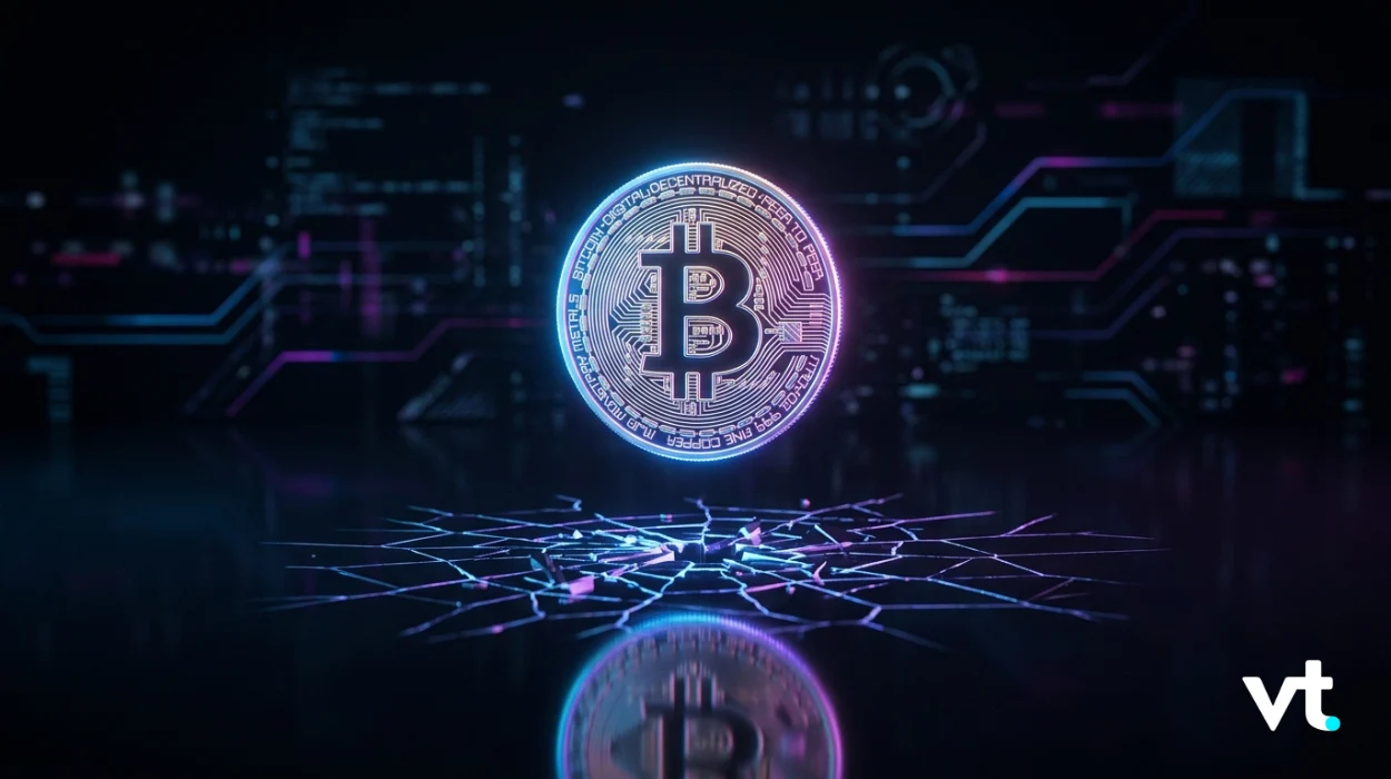 Glowing Bitcoin coin hovering above a neon circuit grid with blue-purple hues and a reflection on the surface.