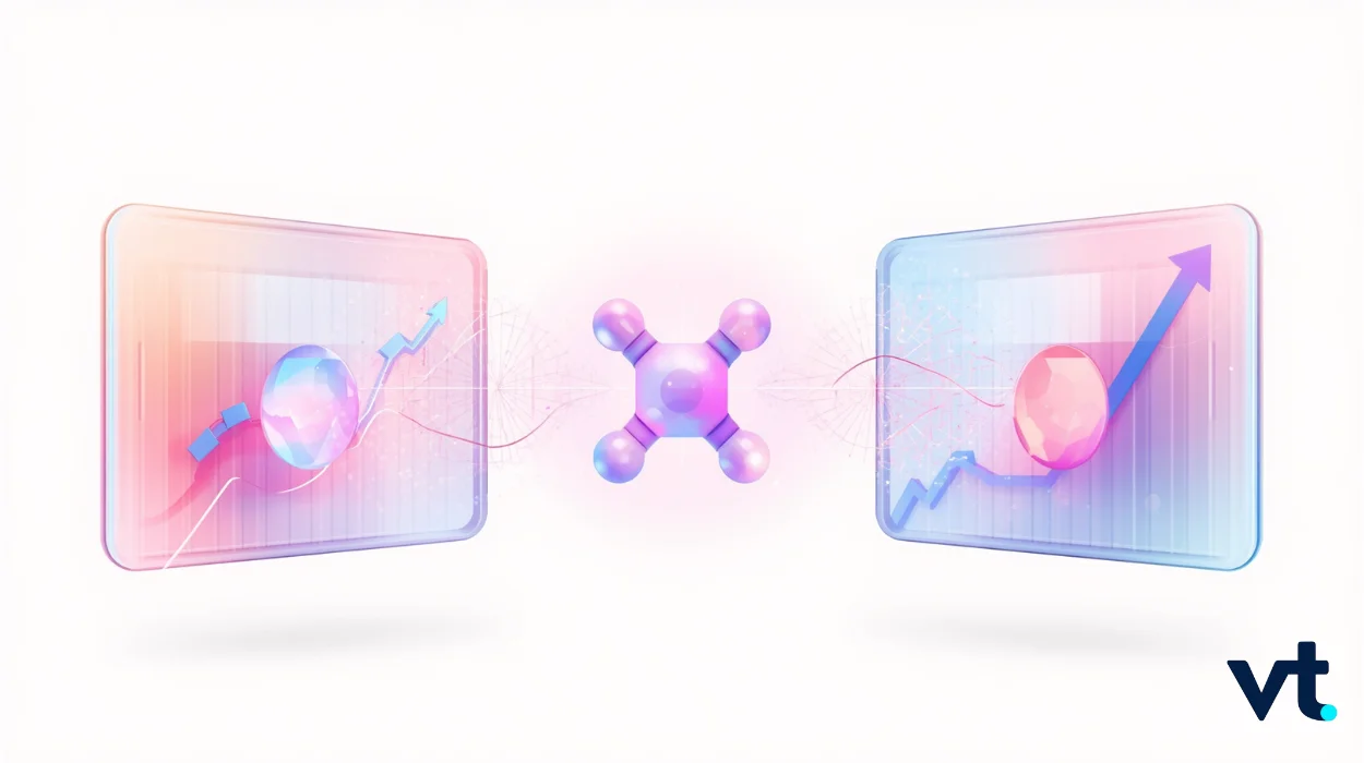Abstract 3D illustration of a central molecule connected by threads to two glowing panels with graphs, symbolizing data transfer and connectivity (vt logo bottom right).