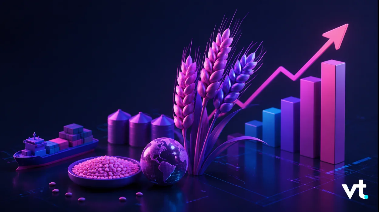Neon-toned illustration of global trade and growth: cargo ship, grain, a globe, and an upward rising bar chart with arrow.