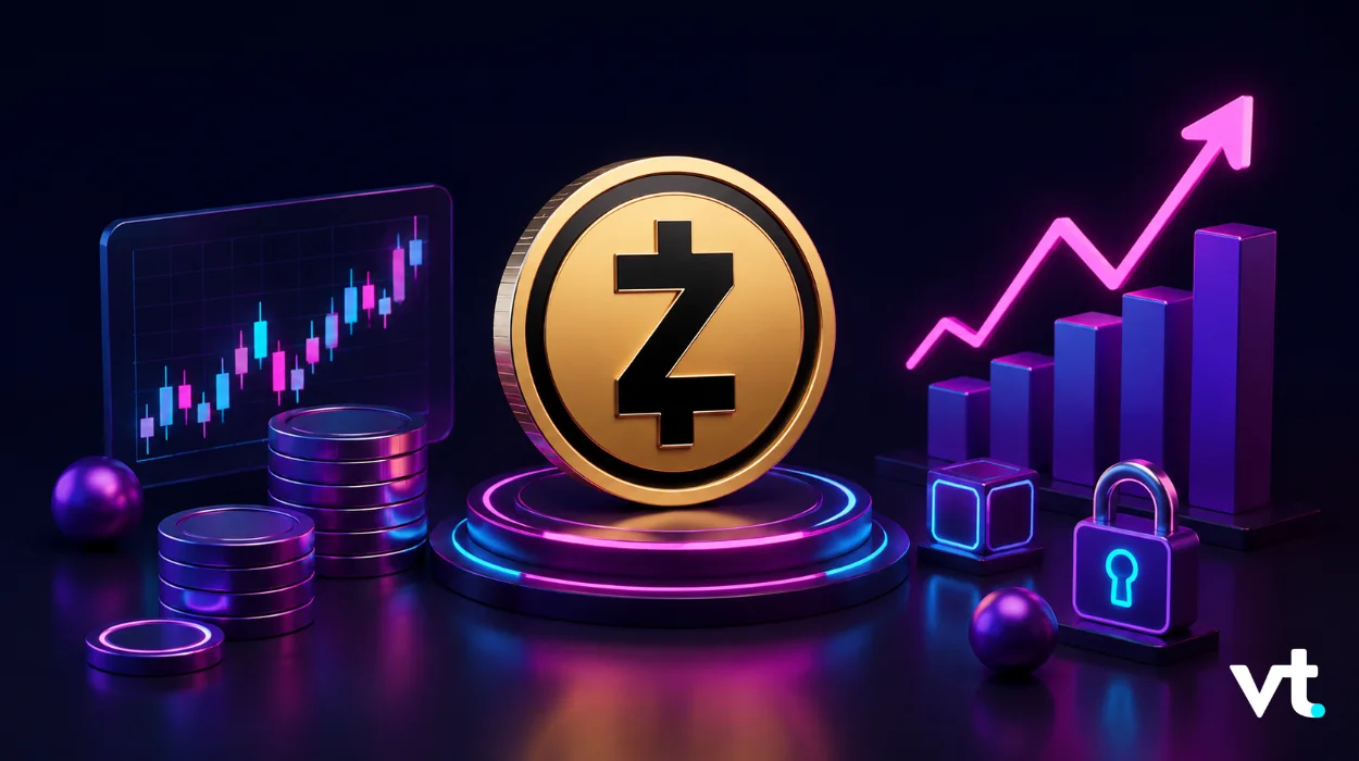 Gold coin with a bold Z symbol on a neon-lit pedestal, surrounded by stacked coins and a rising crypto chart, symbolizing growth and security in digital currency.